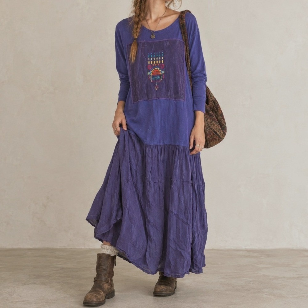 Vintage Johnny Was Maxi Dress Embroidered Small Purple Boho Lagenlook Artsy 90s